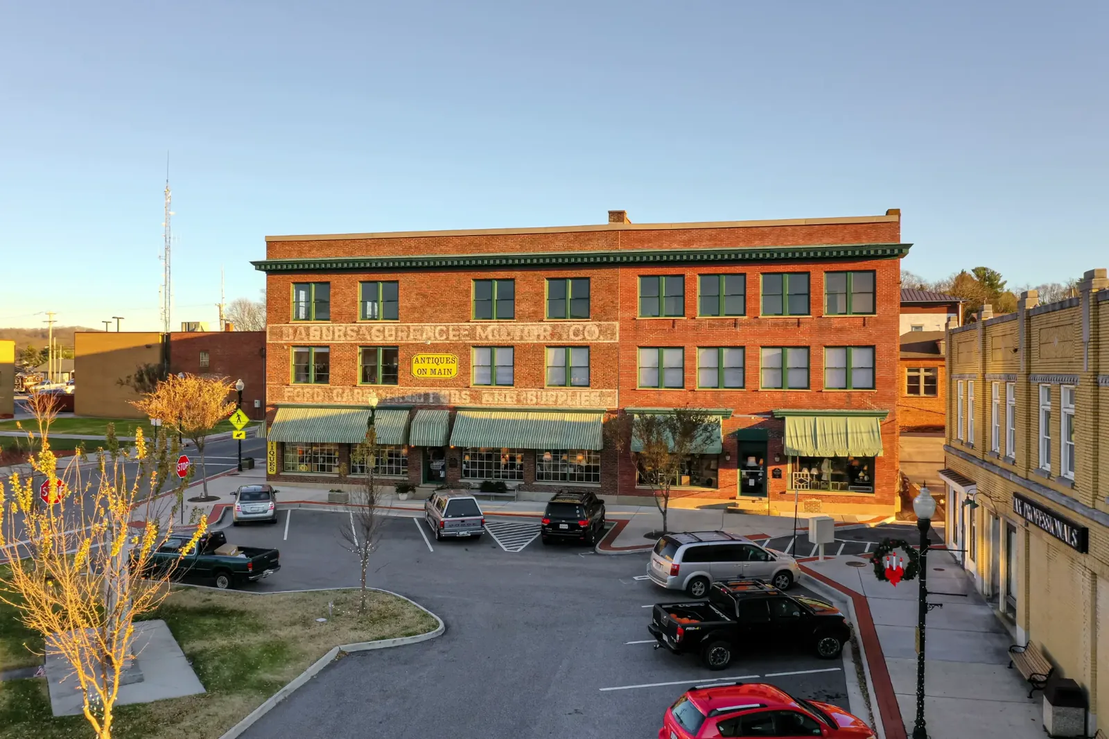 Historic brick commercial building with storefronts in downtown Christiansburg, Virginia